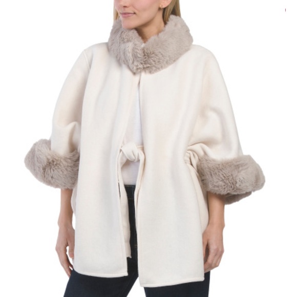 MAX STUDIO Kimono With Faux Mink Fur Collar And Cuffs